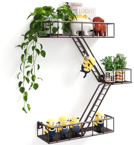 MVPSONAG Fire Escape Regal – 3 Etagen Metall Kaffee Feuer Flucht Wandregale mit Körben, New York Action Figur Display Regal, einzigartige rustikale schwebende dekorative Wandregale für jeden Raum