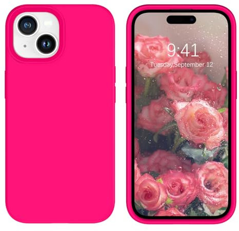 DOMAVER Silicone Liquido Cover iPhone 15, Cover di Protezione Antiurto con Fodera in Microfibra, Opaco Custodia per Telefono per iPhone 15 Anti-ingiallimento, Rosa Fluo