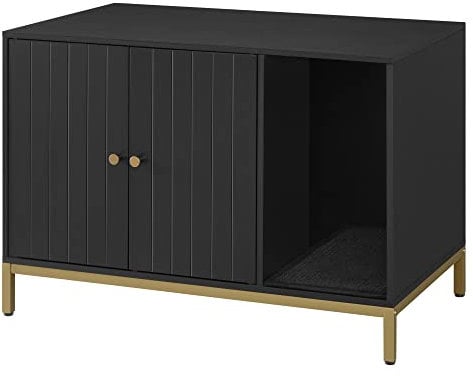 Feandrea Katzenklo-Schrank, Katzenhaus, Katzentoilette, mit Kratzmatte, hohe Beine, für Katzen, Beistelltisch, 80 x 50 x 55 cm, schwarz-goldfarben PCL007B01
