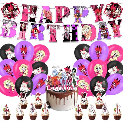 32 Pcs Hotel Thema Party Ballon Dekoration Set,Happy Birthday Banner Latex Luftballons Cake Topper,Hazb Hotel Cartoon Aufkleber,Geburtstag Party Zubehör Für Jungen Und Mädchen