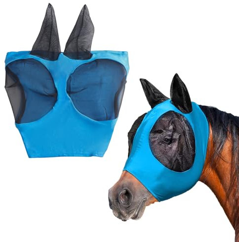 JPGhaha Fliegenmaske Pferd 36,5 * 20CM Anti-Fliegen-Pferdemaske Anti-UV mit Ohren Pferd Mesh Fliegenmaske Atmungsaktiv Super-fit Pferdefliegenmaske mit Elastische Spannung Blau