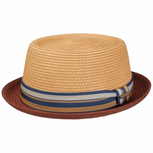 Stetson Chapeau en Paille Licano Toyo Pork Pie Femme/Homme - de Plage Soleil avec Doublure, Ruban Gros Grain Ete Printemps-ete - L (58-59 cm) Nature-Rouge