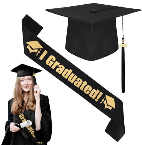 Farnirvana Abschluss Hut, 2025 Doktorhut Set mit Schärpe für Abschlussfeiern, Unisex Bachelor Hut, Akademischer Graduation Deko für Abitur Bachelor Master Abschlussfeiern - Schwarz