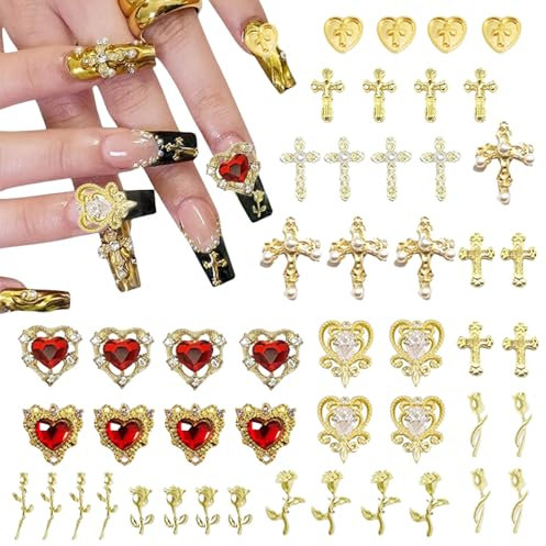 Bzzerumy® Lot de 48 breloques 3D dorées pour ongles de haute qualité avec strass pour une expérience de manucure luxueuse