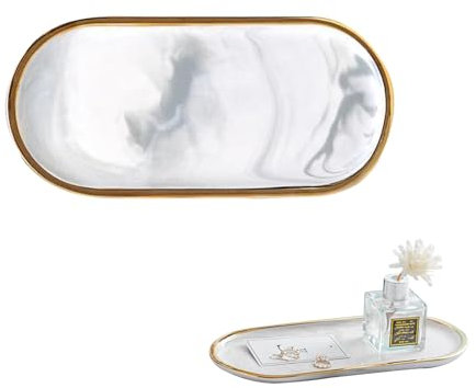 Bathroom Vanity Tray, Ceramic Tray Bathroom Tray with Golden Rim, Bathroom Storage Tray Ceramic Vanity Tray for Bathroom Countertop, Bathroom Sink Tray for Soap Candles Perfume Cosmetic