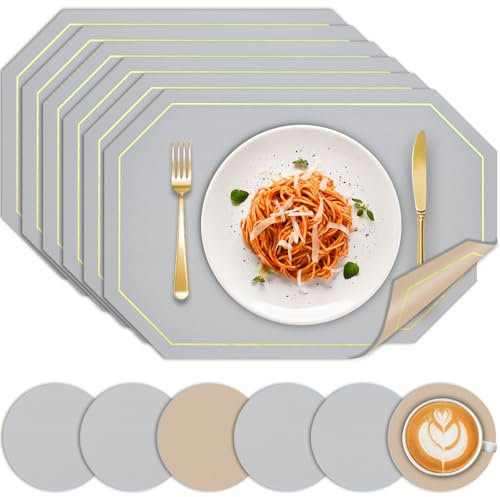 BOCHION Grey Placemats, Dual Sided Placemats and Coasters Sets of 6, PU Leather Place Mats for Table Heat-Resistant Table Mats Non-Slip Washable Wipeable for Home, Hotel, Indoor, Outdoor (Grey Beige)