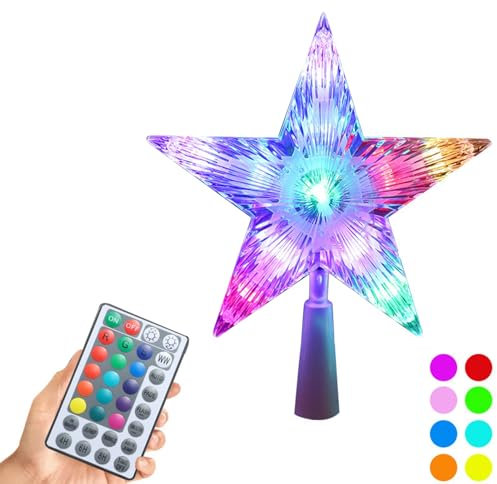 pofluany Christmas Tree Topper Star with LED Lighted Star Tree Toppers, 24 Modes Color Changing 3D Xmas Solid/Flash Topper w/Remote Control for Christmas New Year Holiday Tree Decor Multicolor 18cm