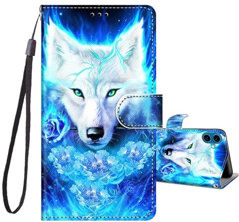 JRIANY Case for iPhone 16, PU Leather Wallet Case with Card Holder Cute Pattern Animal Design Phone Case Shockproof Cover Flip Case Compatible with Apple iPhone 16 6.1-Inch - Wolf A