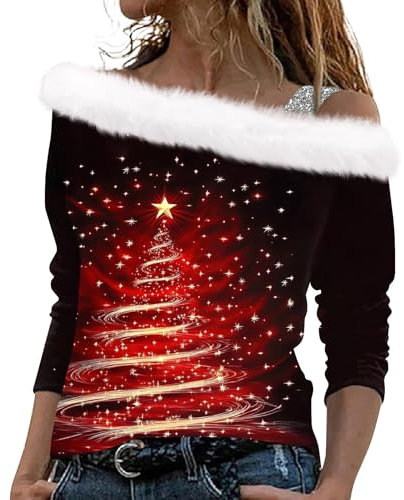 Weihnachtspullover Damen Off Shoulder Plüsch Schulterfrei Weihnachts Sweatshirt Weihnachten Langarmshirt Slim Fit Pullover mit Weihnachtsmotiv Elegant Oberteile Ugly Christmas Shirt(Wine,S)