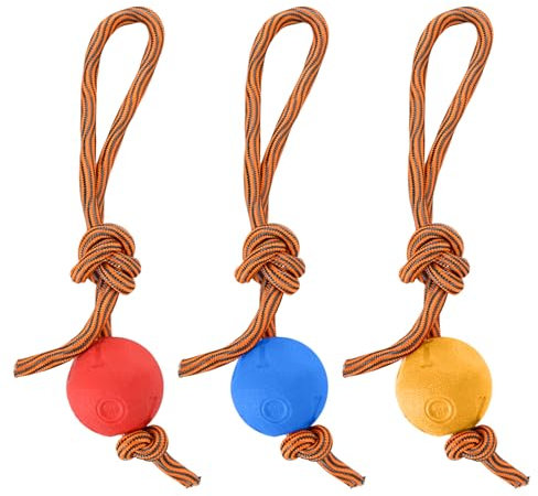 3 Pièces Balle Pour Chien Avec Corde, Balle Jouet pour Chien en Caoutchouc Naturel, Balle Jouet pour Chien Tricolore, Balle à Lancer élastique pour Chiens, Convient aux Chiens de Toutes Tailles