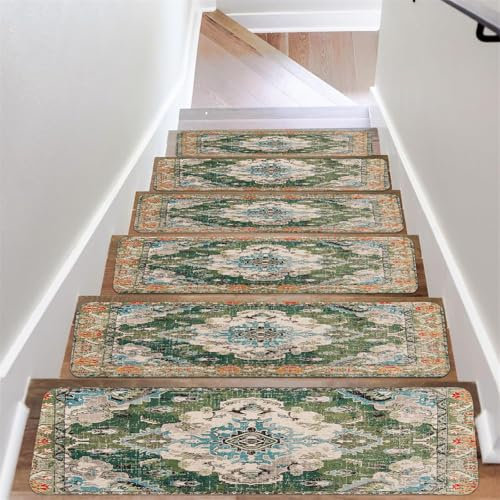 Odot Retro Persisch Treppenstufen Matten, Stufenmatten, Treppenteppich, Gummimatte Außenbereich, Stufenmatten Innen, 100% Polyester TPU -Rücken für Kinder, Älteste Haustiere (Grün,5pc)