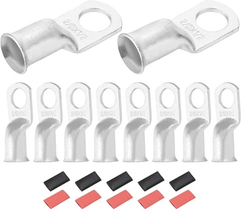 DMiotech 10 Pcs 2/0 AWG - 1/2 Tinned Copper Cable Lugs, Battery Cable Ends, Heavy Duty Copper Wire Lugs with 10pcs Heat Shrink Tubing for Electrical Projects, Silver