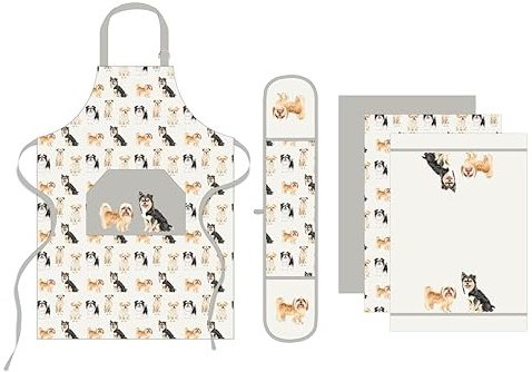 Premium Apron, Double Oven Gloves & Tea Towels Linen 5 Pcs Set | Quick Dry Kitchen Apron, Double Oven Gloves And Tea Towels, Perfect Kitchen Accessories For Cooking, Baking And Everyday Use