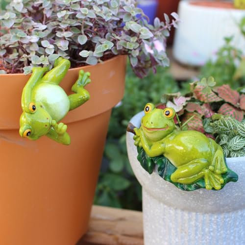 Set of 2 Funny Frog Statues Outdoor Flower Pot Hugger, Resin Hanging Frog Figurines Cute Climbing Animals Sculpture Plant Pot Decorations for Home Garden Patio Lawn Yard Ornaments (Keep Quiet)