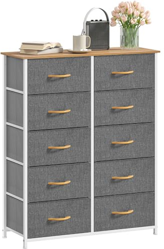DWVO Kommode mit 10 Schubladen, Schrank aus Stoff mit Griffen, Metallgestell & MDF-Holzplatte, langlebig, für Schlafzimmer & Wohnzimmer,Grau