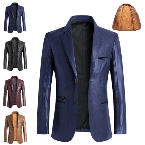 WINDEHAO Men's Leather Blazer Real Lambskin Casual Lapel Fit 2 Button Jacket, Slim Business Suit Blazers Smart Motorcycle Biker Jacket