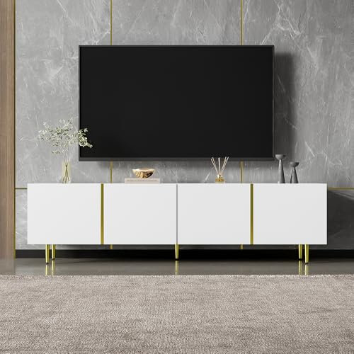 LANTRO JS White High Gloss TV Unit, TV Stand White with Four Doors, Modern TV Cabinet with Gold Accents, Easy Assembly