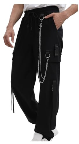 FDKLOOK Cargohose Herren Techwear Streetwear Gothic Punk Hose Baggy Elastische Taille Kordelzug Cargo Hosen mit Kette