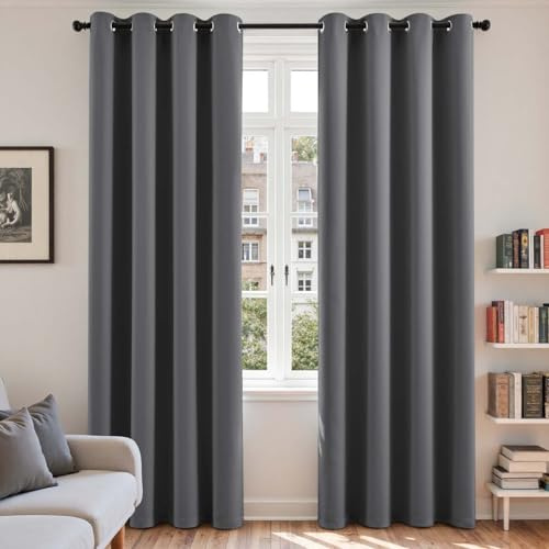 Vangao Gardinen mit Ösen Wohnzimmer 2er Set H220xB140 cm, Dunkelgrau | Verdunklungsvorhänge Modern 220 cm lang, Schlafzimmer Kinderzimmer Fenster, Thermovorhang Verdunkelung Lichtundurchlässig