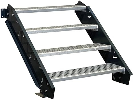 SRM Design 4 Stufen Stahltreppe Stufenbreite 120 cm anthrazit | Geschosshöhe 55 - 85 cm feuerverzinkt ohne Geländer Wangentreppe Geschosstreppe stabile Industrietreppe Außentreppe