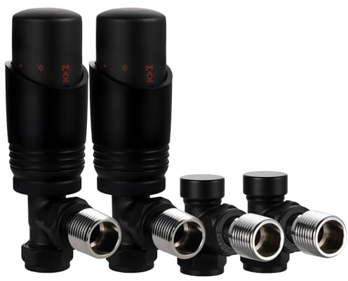 VANCOCO 2 Pack Matte Black Angled Thermostatic Radiator Valve Set 1/2×15mm | TRV with Lockshield, H62 Brass, Energy Saving Design