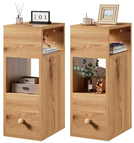 IBUYKE Nachttisch 2er Set, Schmal Beistelltisch,Eichenholzfarbe WNS006K-2 | Kleiner Nachtschrank mit Schublade und 2 offene Fächer,Platzsparend,Bedside Table für Schlafzimmer,Wohnzimmer,Arbeitszimmer