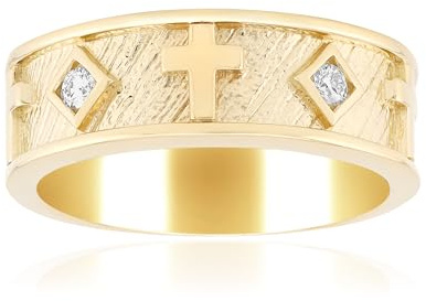 Cavill Silberring vergoldet mit 2 x I1 Brillanten 0,06 ct, runder Brillantschliff, Diamant Ring Gold, breiter Comfort Fit Ring mit Kreuz Design aus 925 Silber, Goldfarben