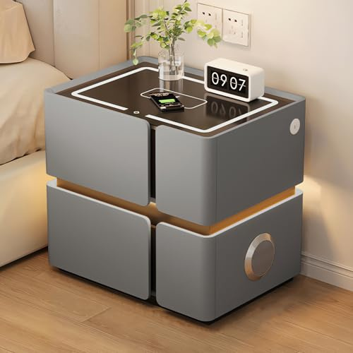 Gris clair 4, table de chevet moderne avec dessus en verre, verrouillage par mot de passe, chargement sans fil, lampe 3 couleurs, ports USB et haut-parleur intégré
