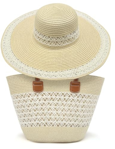 Pahajim Conjunto de Bolso Sombrero de Paja Bolso Rafia Mujer Verano Bolso de Hombro con Cremallera para Playa Verano Vacaciones