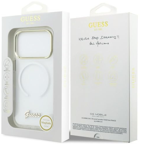 CG MOBILE Guess IML Farbverlauf Schrift Metall kompatibel mit MagSafe Hülle für iPhone 17 (Weiß)