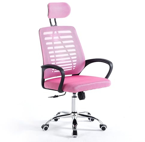 RMF Sedia Ufficio Ergonomica Professionale Reclinabile, Sedia Scrivania in Rete con PoggiaTesta Seduta Comoda e Rilassante - Poltrona Relax Ufficio con Ruote Girevoli Altezza Regolabile Rosa