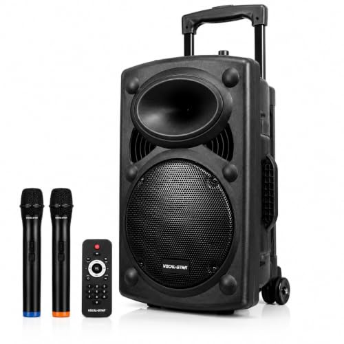 Portable PA Speaker System with 2 Wireless Microphones, Bluetooth PA Speaker, Rechargeable Battery, 300W Portable Speaker with 12 Woofer, USB/MP3, Trolley Wheels, Karaoke & Events