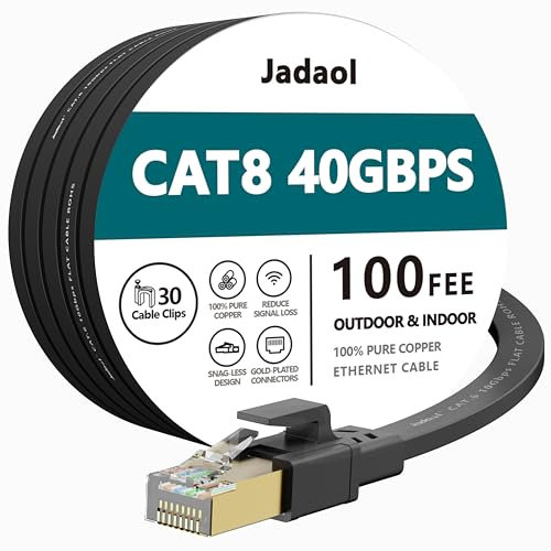 Jadaol Cat7 Ethernet Cable 100 Ft Flat, Shielded (STP) Network Cable Cat 7 Flat Ethernet Patch Cable, internet computer cable with Snagless Rj45 Connectors - 100 Feet Black (30meters)