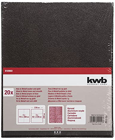 kwb Schleifpapierbogen 230x280 mm aus Korund in den Körnungen 60, 80, 150, 180, guter Verleimung und robustem Papierträger für den groben und mittelfeinen Schliff von Holz und Metall