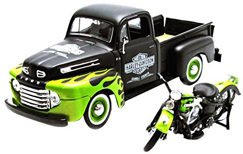 Maisto 32171 - Modellauto 1:24 Ford F-1 Pickup 48 + FL Panhead 48, schwarz/grün