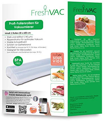 FreshVac Folienrollen 20x600 cm, 2 Stück für Ihren Vakuumierer, starke & reißfeste Vakuumbeutel (Materialstärke ca. 140 µm), BPA-frei, ideal für SousVide Garen