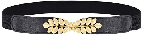 Coucoland Damen Metall dekorativen Gürtel dünnen Gürtel elastischen Taille Strap Stretchy für Kleider (Blatt Muster-Schwarz)