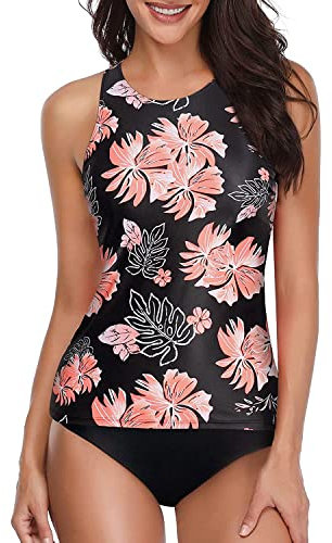 Holipick Zweiteiliger Tankini-Badeanzug für Damen, Bauchkontrolle, Badesachen, Badebekleidung, Badeanzüge, hoher Ausschnitt, Neckholder, Schwimm-Tanktop mit Shorts, Schwarze Blume, XX-Large