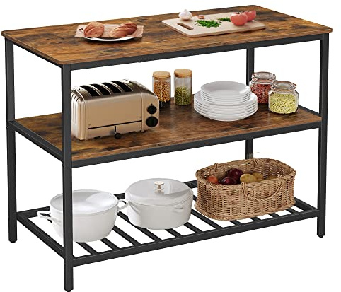 VASAGLE ALINRU Isla de cocina con 3 estantes, estante de cocina con gran encimera, estructura de hierro estable, industrial, fácil de montar, color marrón rústico UKKI01BX
