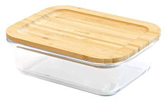 Pebbly PKV-009 RECHTECKIGER GLASBEHÄLTER MIT BAMBUSDECKEL-1L, Borosilikatglas, Bambus, Silikon, Natural, Boîte rectangulaire - 1 L