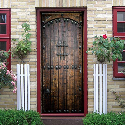 EKSDG Autocollants De Porte 3D Porte En Bois Vieilli Stickers Porte Poster 77X200CM Papier Peint Porte Trompe L'Oeil Pour Salon Chambre Décoration De La Maison Stickers Muraux Imperméable