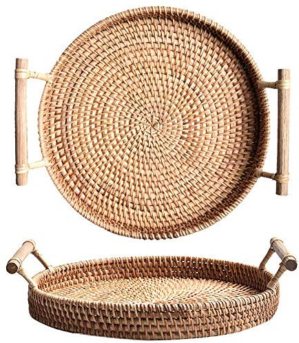 YANGQIHOME Plateau de Service Rond en rotin, Plateau Osier avec Poignées en Bois (32 cm)