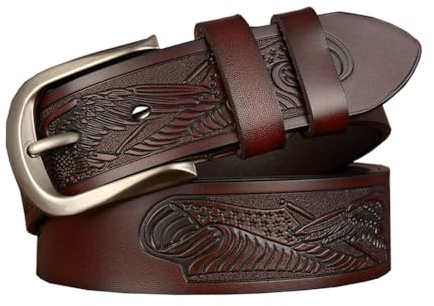 PACDE Western-Retro-Gürtel aus echtem Leder, Rindsleder, Jeans, Blumenprägung, Herrengürtel