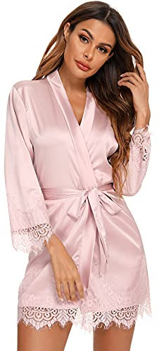 RSLOVE Peignoir Femme Satin Kimono Sexy Sortie de Bain Vêtements de Nuit pour Fête Mariage Rose M
