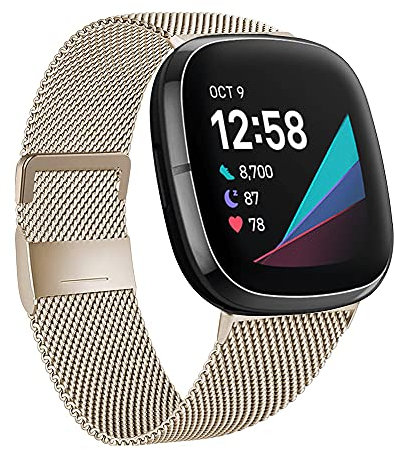 Moydolo Kompatibel mit Fitbit Versa 3 Armband Fitbit Sense Armband, Damen Herren Edelstahl Handgelenk Metall Ersatzband Armbänder Kompatibel für Fitbit Sense/Fitbit Versa 3, Groß, Champagner Gold
