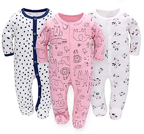 Miracle Baby 3 piezas mamelucos para bebés pijama de bebé saco de dormir de algodón con pies con botones Gr.56 62 68 para niñas recién nacidas