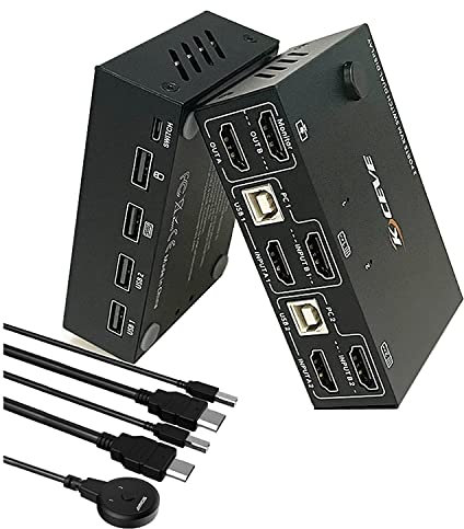 KVM Switch 2 Computer 2 Monitore, KCEVE HDMI USB 2.0 Umschalter Dual Monitore Unterstützt 4K@30Hz Aktie Monitor Maus Tastatur für Laptop, PC, PS4, Xbox, 1 Externe Schaltertaste