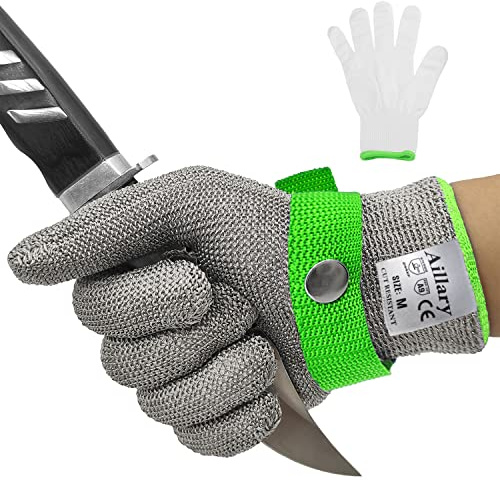 Aillary Guante de cocina resistente a cortes de nivel 9, grado alimenticio, lavable a máquina, alambre de acero inoxidable, guante de trabajo de seguridad para mandolina, corte de carne,