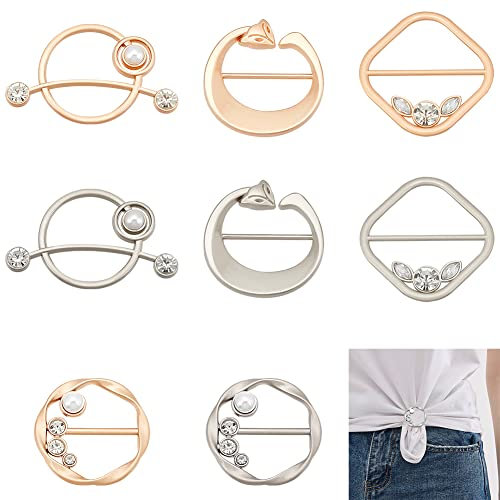 AHANDMAKER 8 Stück T-Shirt-Clips Für Frauen, Seidenschal Verschlussclip, Runde Kleiderklammern Schnalle Krawattenringe Mit Perle Und Strass Kreisclip Taillenschnalle Für Kleiderwickelhalter Ecke