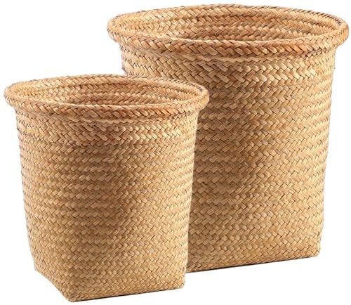 FOMIYES 2pcs Rattan Wastebasket Seagrass Storage Basket Straw Woven Round Trash Can Wicker Garbage Bin Waste Paper Container Laundry Hamper for Home Office